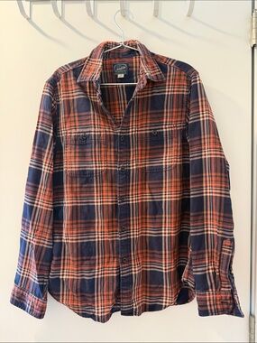 J. Crew Navy & Orange Plaid Long-Sleeve Flannel Shirt